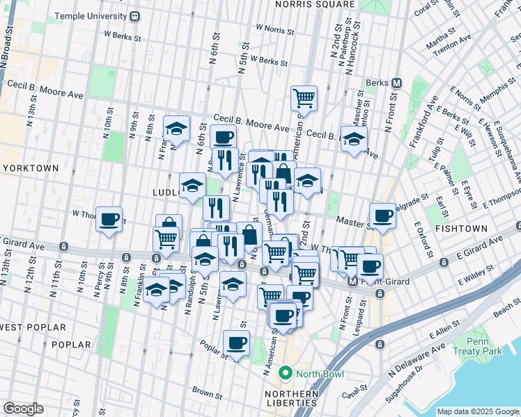 map of restaurants, bars, coffee shops, grocery stores, and more near 1408 Germantown Avenue in Philadelphia