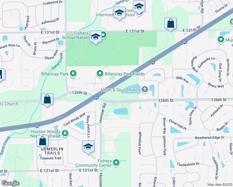 map of restaurants, bars, coffee shops, grocery stores, and more near 11570 East 126th Street in Fishers