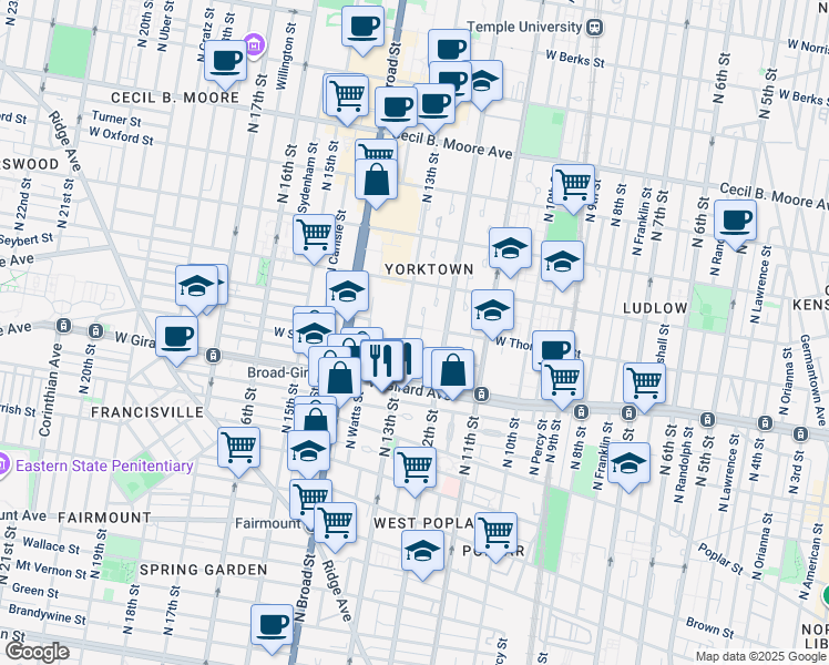 map of restaurants, bars, coffee shops, grocery stores, and more near 1226 West Thompson Street in Philadelphia