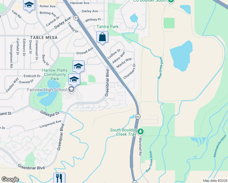 map of restaurants, bars, coffee shops, grocery stores, and more near 1546 Greenbriar Boulevard in Boulder