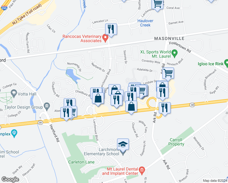 map of restaurants, bars, coffee shops, grocery stores, and more near 1402B Sedgefield Drive in Mount Laurel