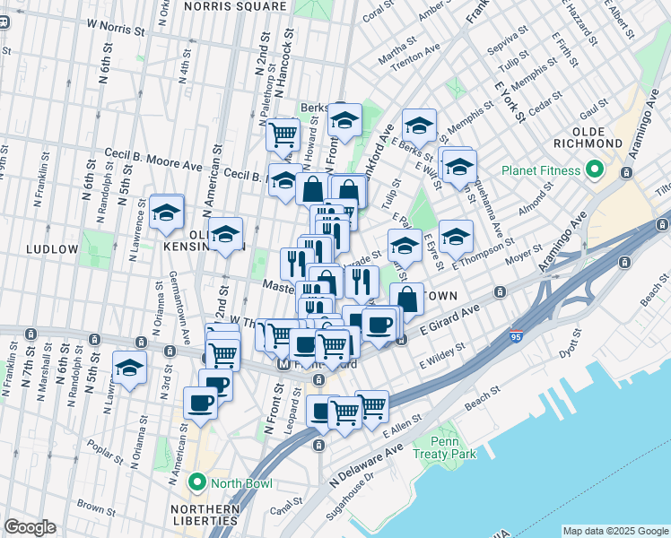 map of restaurants, bars, coffee shops, grocery stores, and more near 1348 Marlborough Street in Philadelphia
