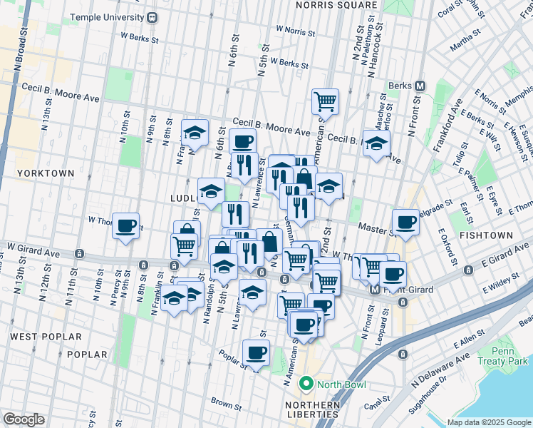 map of restaurants, bars, coffee shops, grocery stores, and more near 1331 North 4th Street in Philadelphia