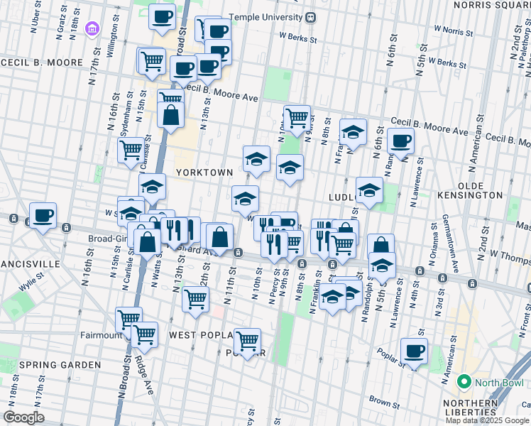 map of restaurants, bars, coffee shops, grocery stores, and more near 1012 West Thompson Street in Philadelphia