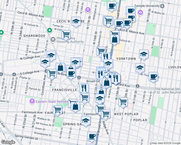 map of restaurants, bars, coffee shops, grocery stores, and more near 1521 West Girard Avenue in Philadelphia