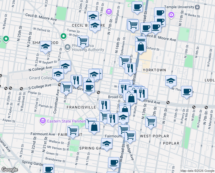 map of restaurants, bars, coffee shops, grocery stores, and more near 1617 West Girard Avenue in Philadelphia