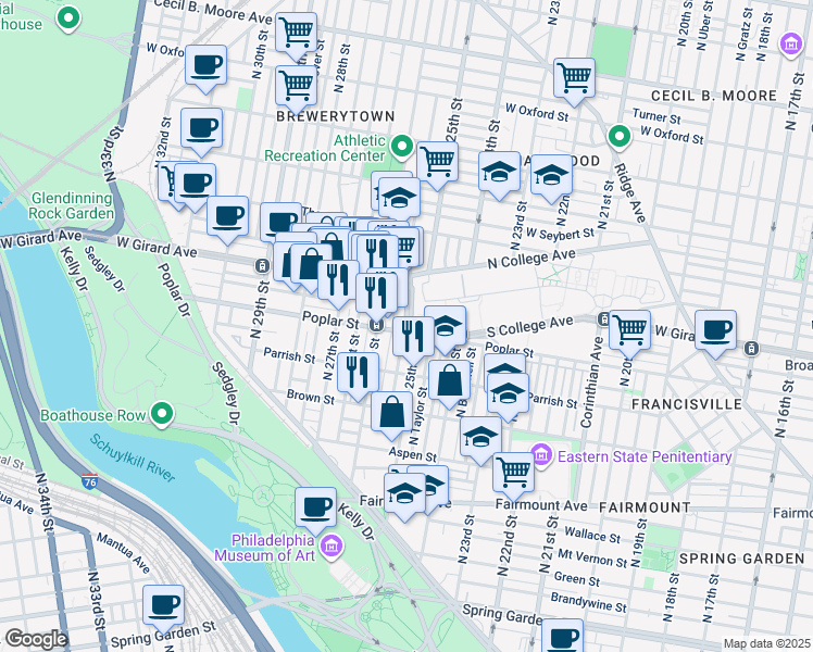 map of restaurants, bars, coffee shops, grocery stores, and more near 851 North Bambrey Street in Philadelphia