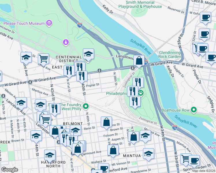 map of restaurants, bars, coffee shops, grocery stores, and more near 3856 Pennsgrove Street in Philadelphia