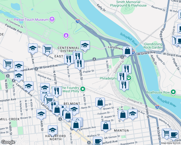 map of restaurants, bars, coffee shops, grocery stores, and more near 3939 Pennsgrove Street in Philadelphia