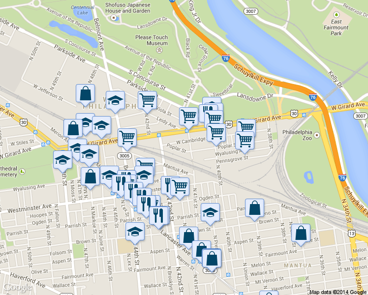 map of restaurants, bars, coffee shops, grocery stores, and more near 4120 Poplar Street in Philadelphia