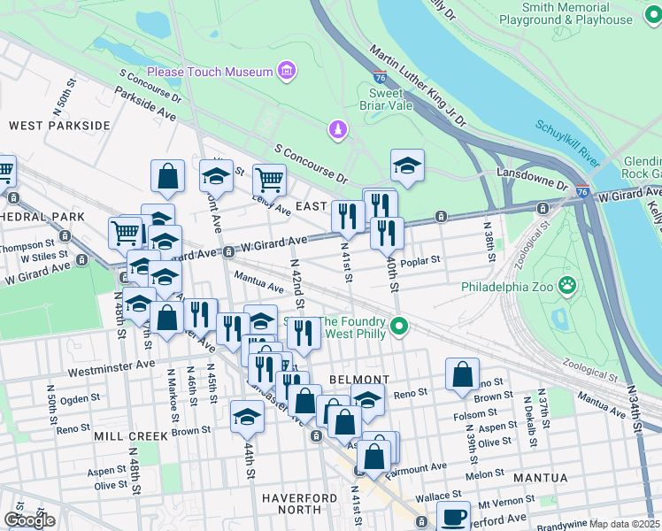 map of restaurants, bars, coffee shops, grocery stores, and more near 4120 Poplar Street in Philadelphia