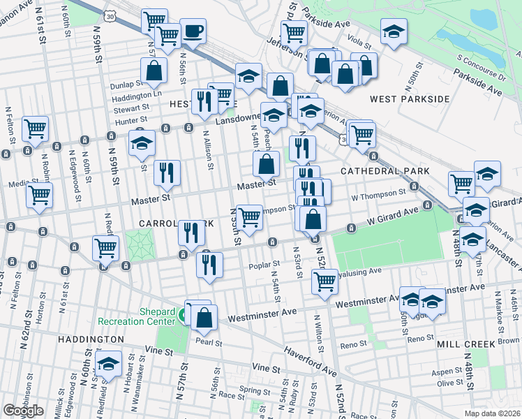 map of restaurants, bars, coffee shops, grocery stores, and more near 1235 North Conestoga Street in Philadelphia