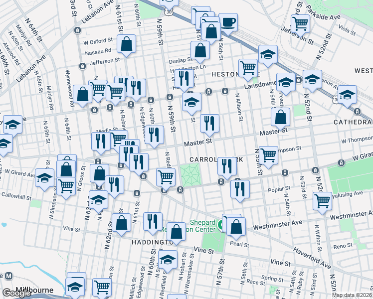 map of restaurants, bars, coffee shops, grocery stores, and more near 5825 West Thompson Street in Philadelphia