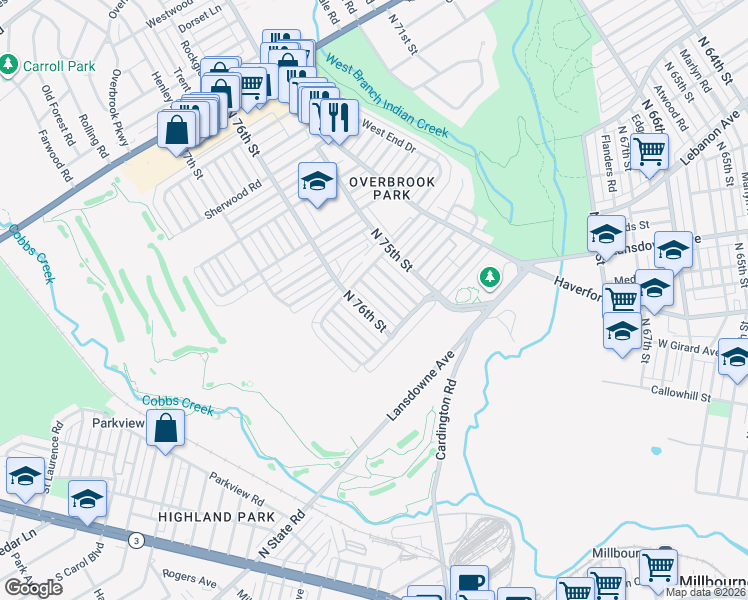 map of restaurants, bars, coffee shops, grocery stores, and more near 1348 North 76th Street in Philadelphia
