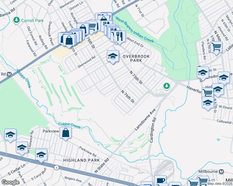 map of restaurants, bars, coffee shops, grocery stores, and more near 1381 Farrington Road in Philadelphia