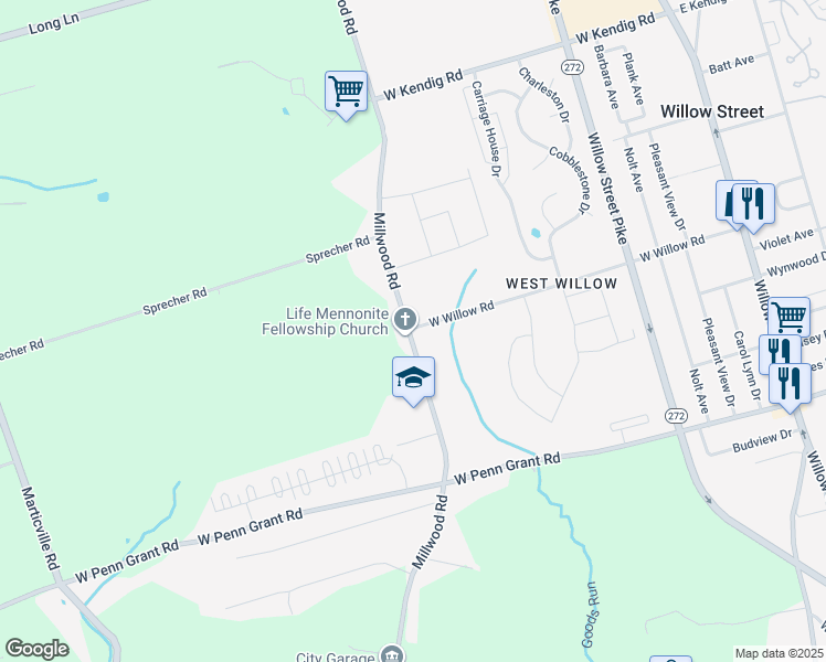 map of restaurants, bars, coffee shops, grocery stores, and more near 732 Millwood Road in Willow Street