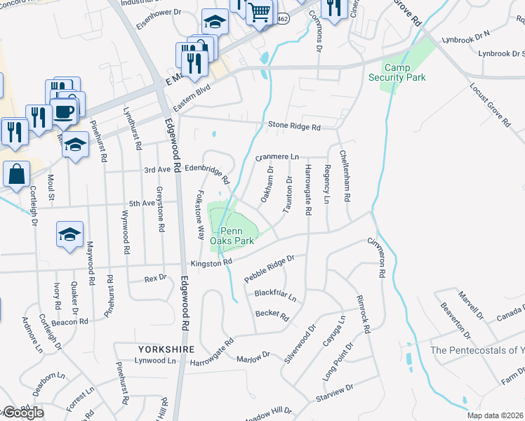 map of restaurants, bars, coffee shops, grocery stores, and more near 3480 Edenbridge Road in York