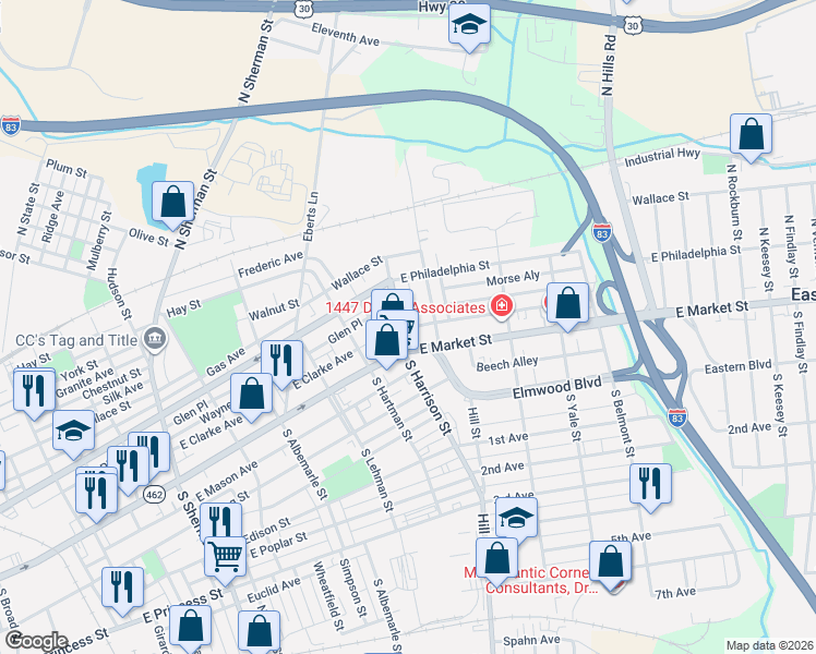 map of restaurants, bars, coffee shops, grocery stores, and more near 1321 East Market Street in York