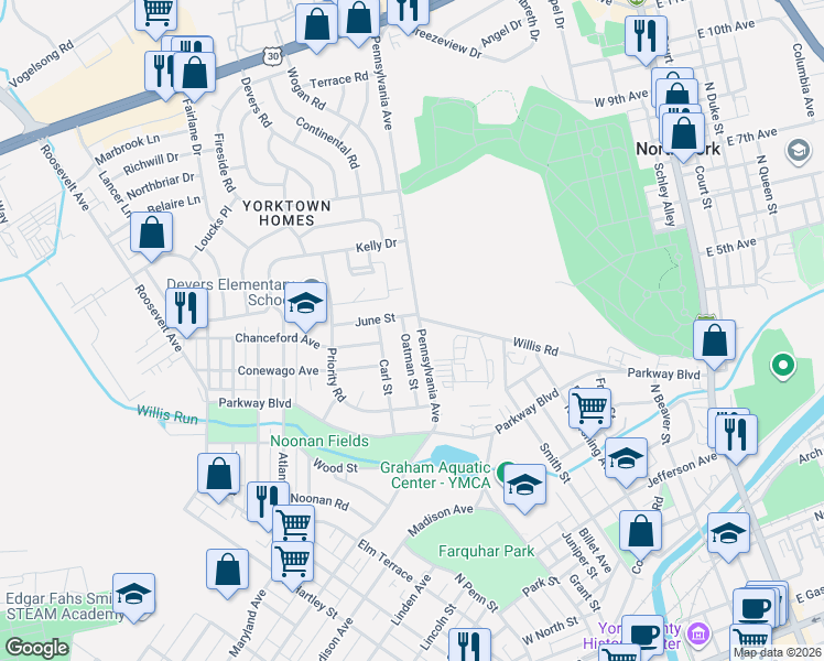map of restaurants, bars, coffee shops, grocery stores, and more near 763 Oatman Street in York