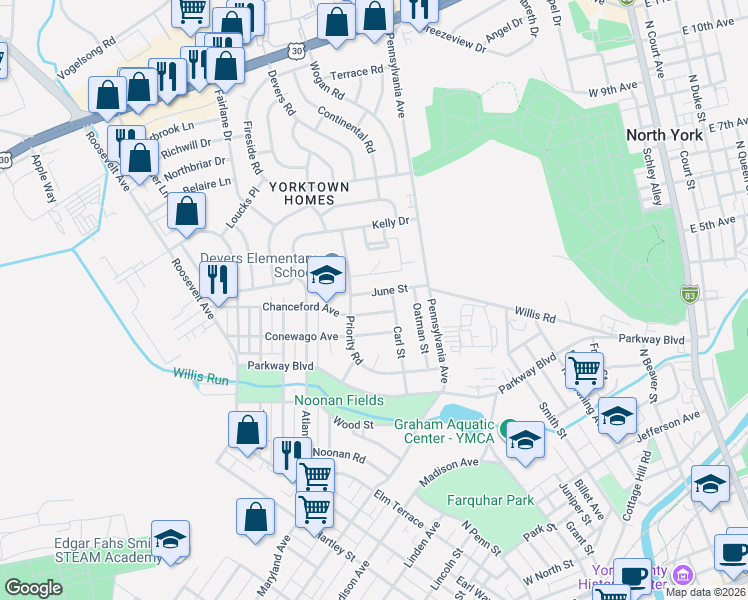 map of restaurants, bars, coffee shops, grocery stores, and more near 758 Chanceford Avenue in York