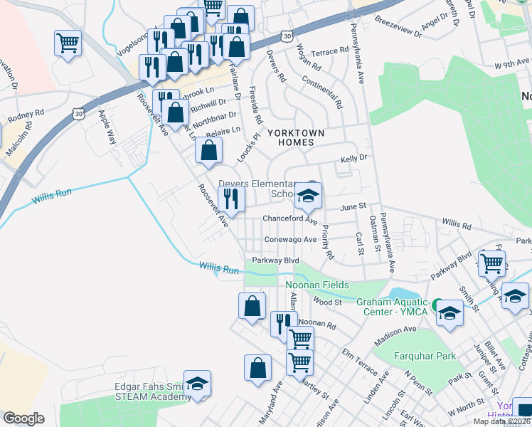map of restaurants, bars, coffee shops, grocery stores, and more near 758 Tioga Street in York