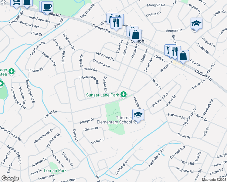 map of restaurants, bars, coffee shops, grocery stores, and more near 2443 Sunset Lane in York