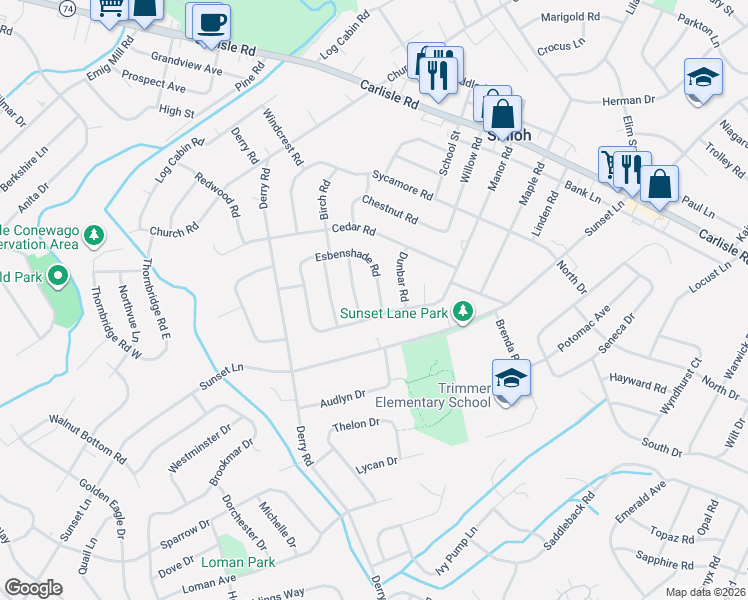 map of restaurants, bars, coffee shops, grocery stores, and more near 2504 Manor Road in York