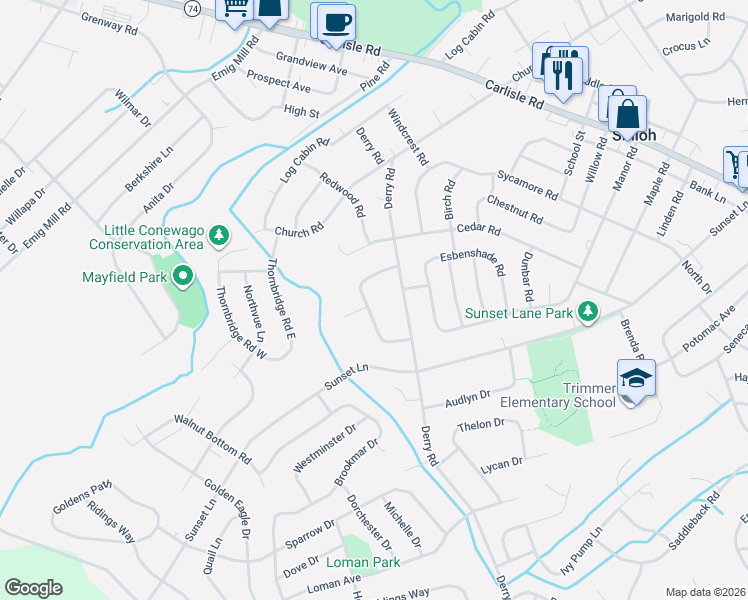 map of restaurants, bars, coffee shops, grocery stores, and more near 2620 Winemiller Lane in York