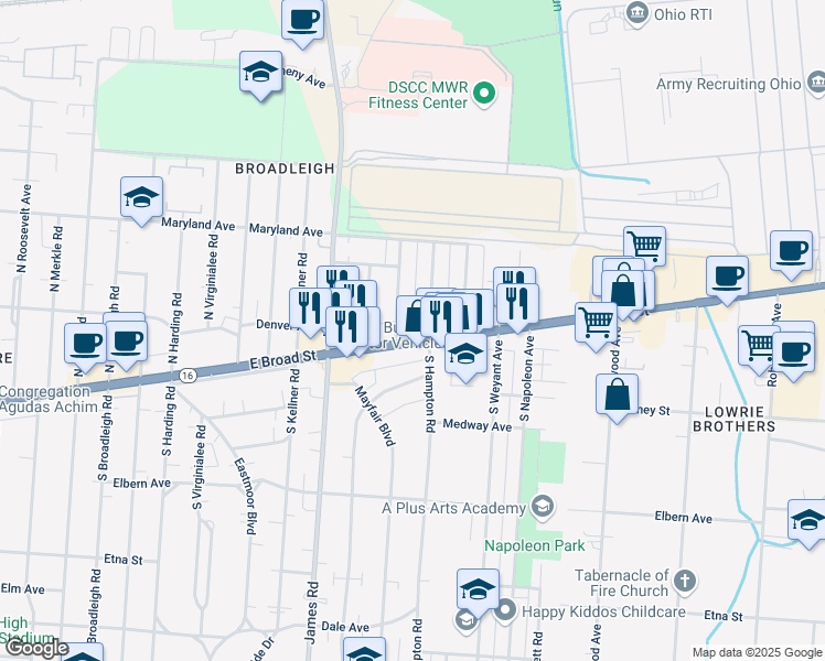 map of restaurants, bars, coffee shops, grocery stores, and more near 25 South Hampton Road in Columbus