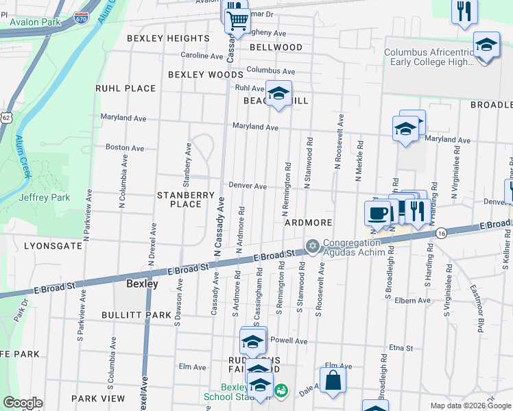 map of restaurants, bars, coffee shops, grocery stores, and more near 73 North Cassingham Road in Columbus