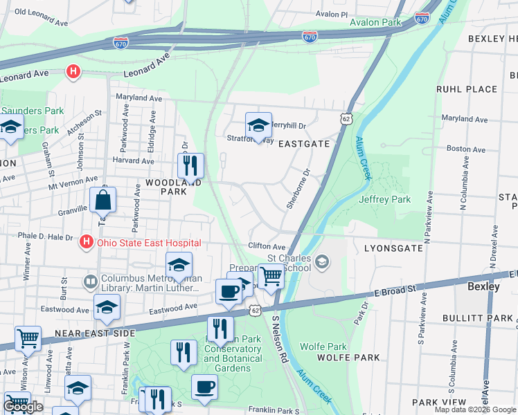 map of restaurants, bars, coffee shops, grocery stores, and more near 1885 Greenway Avenue North in Columbus