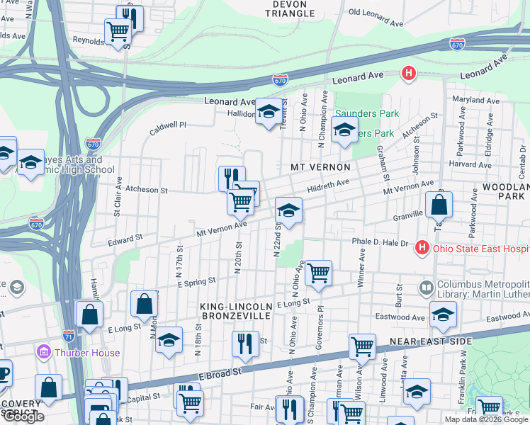 map of restaurants, bars, coffee shops, grocery stores, and more near 1103 Mount Vernon Avenue in Columbus