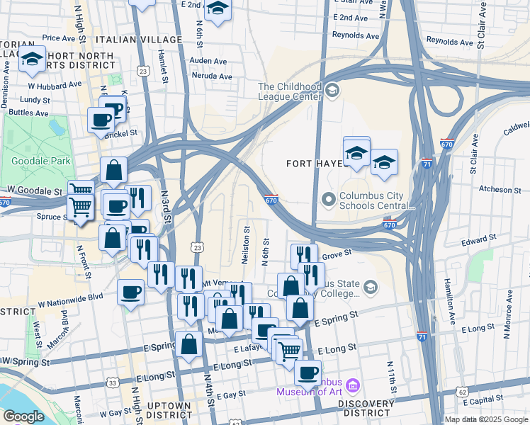 map of restaurants, bars, coffee shops, grocery stores, and more near 343 Buckingham Street in Columbus