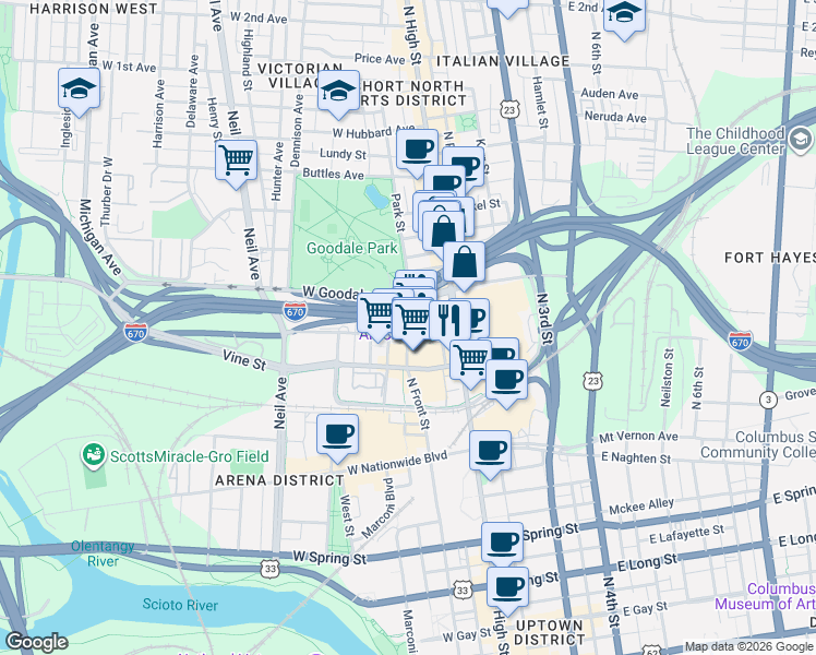map of restaurants, bars, coffee shops, grocery stores, and more near 59 Spruce Street in Columbus