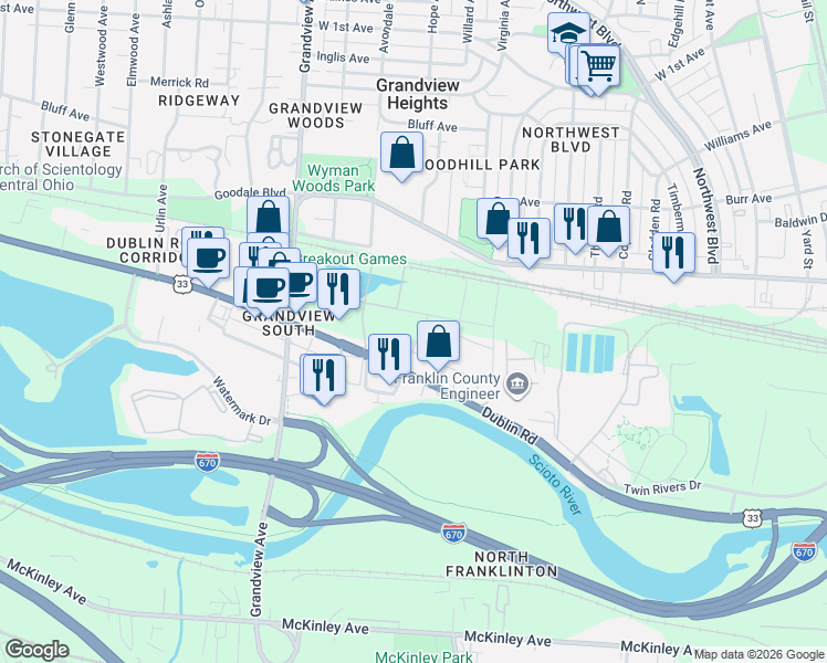 map of restaurants, bars, coffee shops, grocery stores, and more near 1034 Dublin Road in Columbus