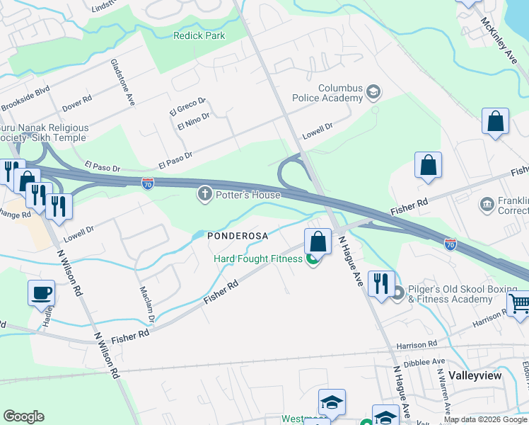 map of restaurants, bars, coffee shops, grocery stores, and more near 3181 Ponderosa Drive in Columbus