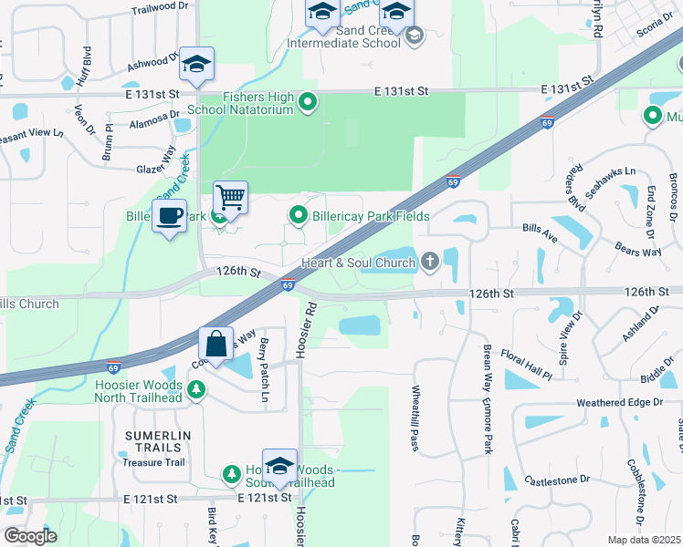 map of restaurants, bars, coffee shops, grocery stores, and more near 12520 Hoosier Road in Fishers