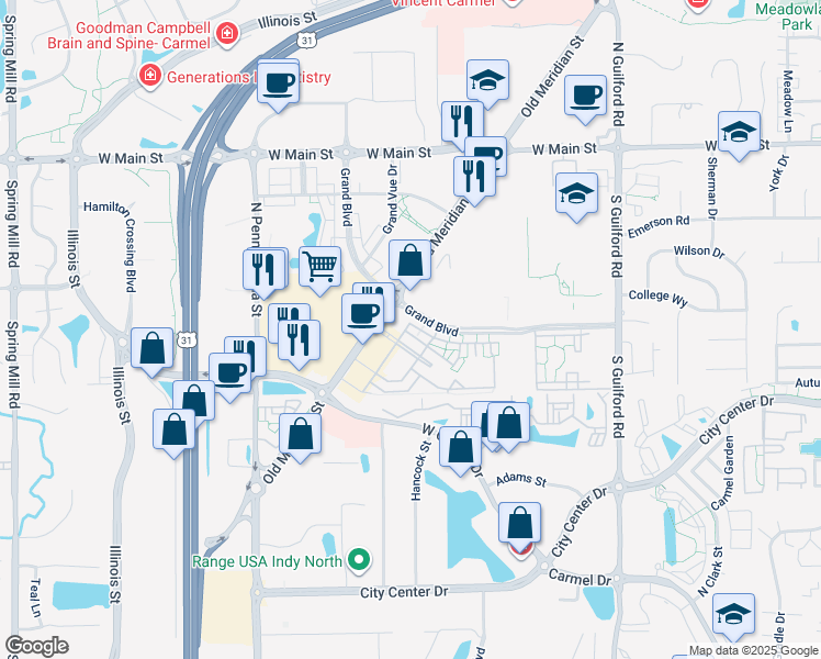 map of restaurants, bars, coffee shops, grocery stores, and more near 221 Providence Boulevard in Carmel