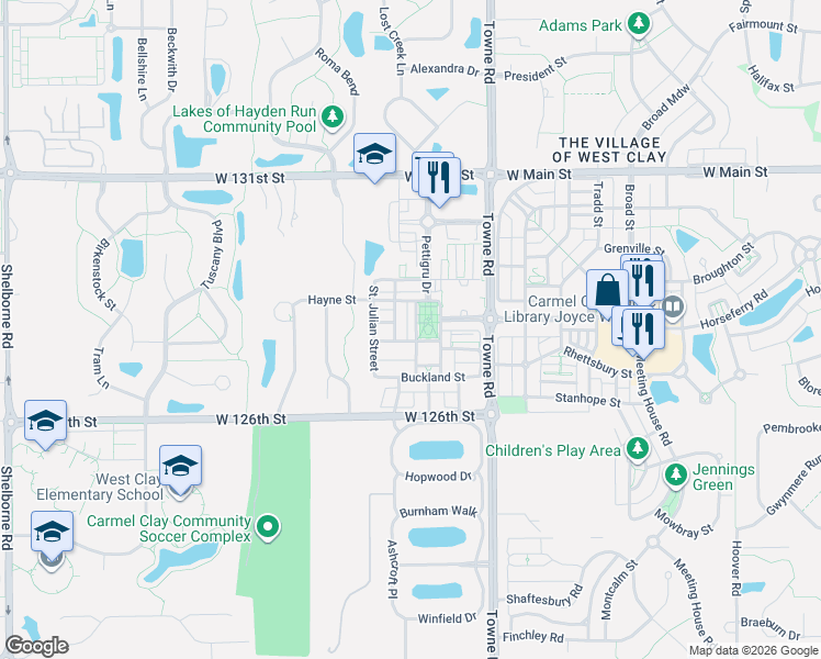 map of restaurants, bars, coffee shops, grocery stores, and more near 2619 Grafton Street in Carmel