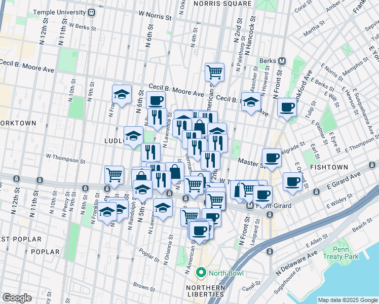 map of restaurants, bars, coffee shops, grocery stores, and more near 1401 Germantown Avenue in Philadelphia