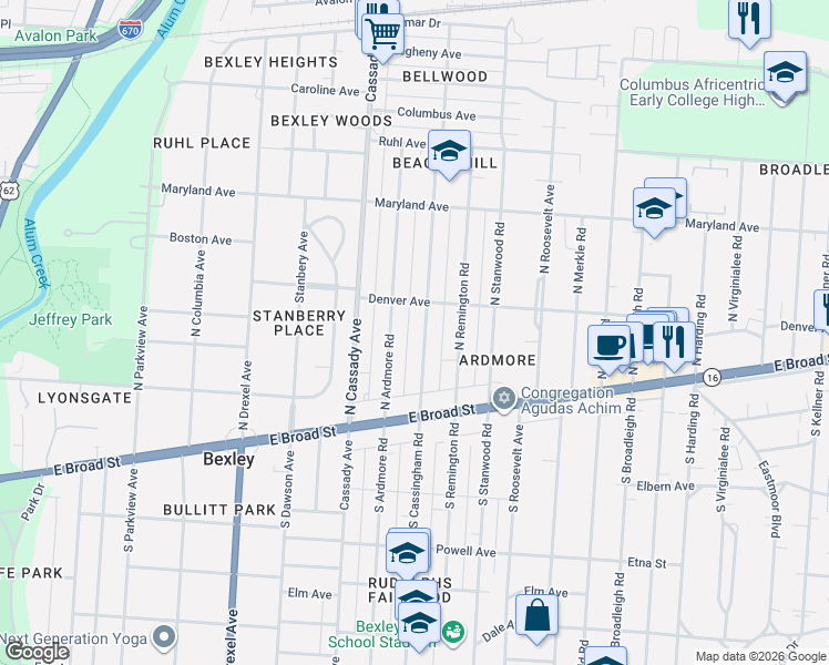 map of restaurants, bars, coffee shops, grocery stores, and more near 73 North Cassingham Road in Columbus