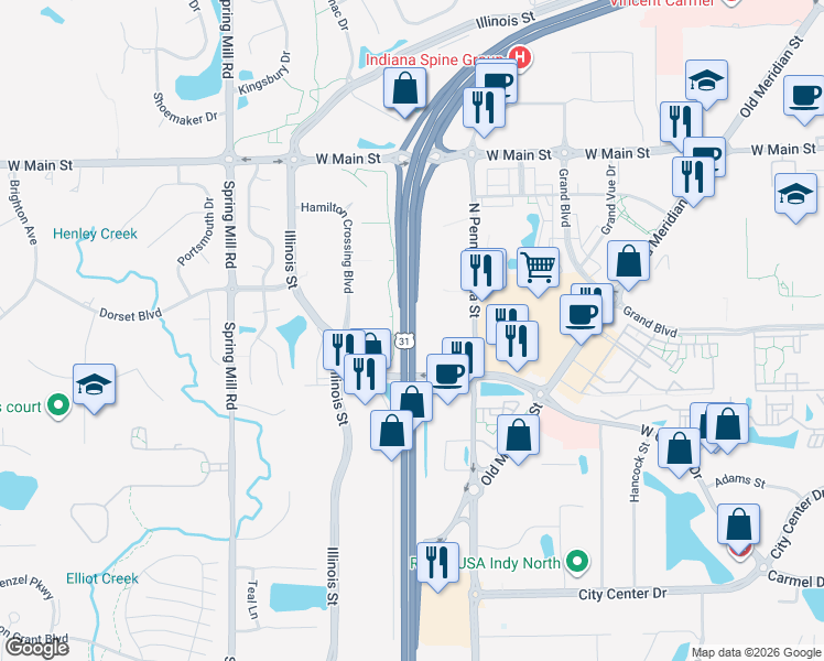 map of restaurants, bars, coffee shops, grocery stores, and more near 12711 North Meridian Street in Carmel