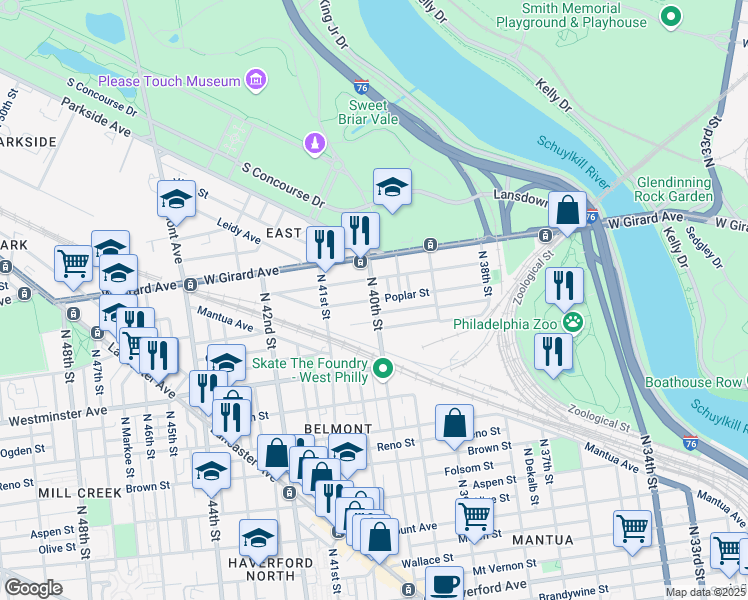 map of restaurants, bars, coffee shops, grocery stores, and more near N 40th St & Poplar St in Philadelphia