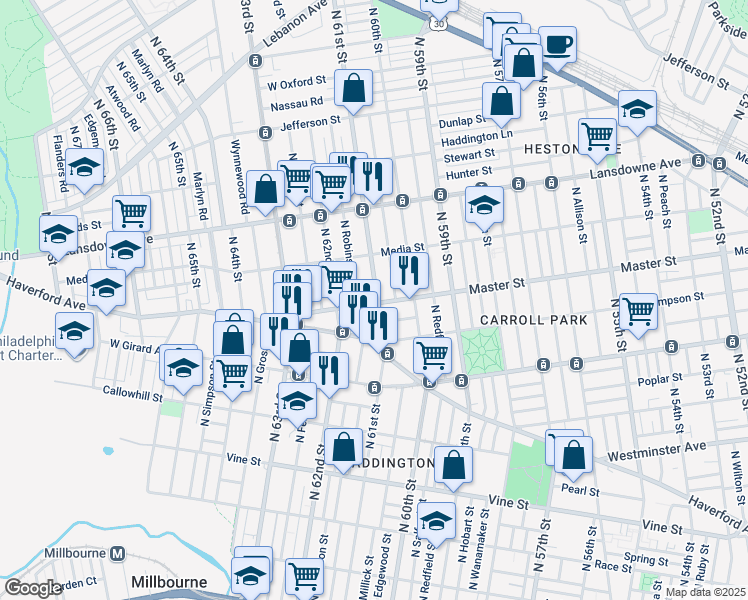 map of restaurants, bars, coffee shops, grocery stores, and more near 1400 North 61st Street in Philadelphia