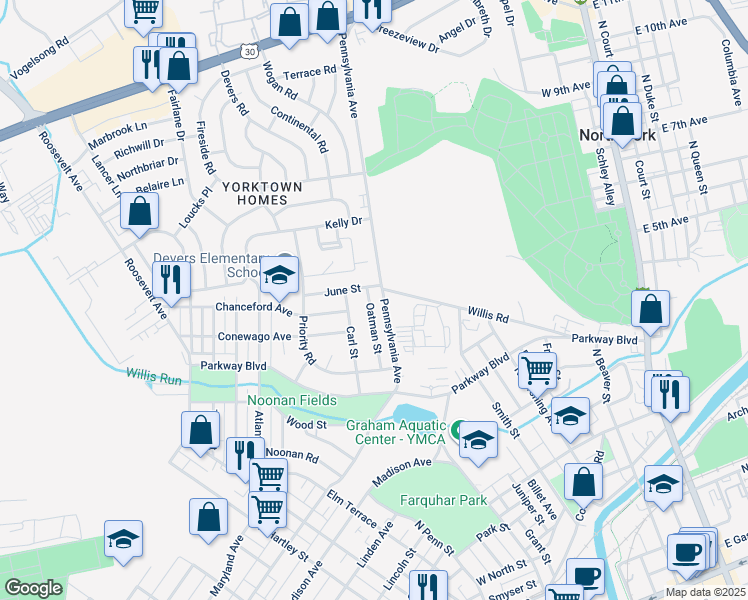 map of restaurants, bars, coffee shops, grocery stores, and more near 801 Oatman Street in York