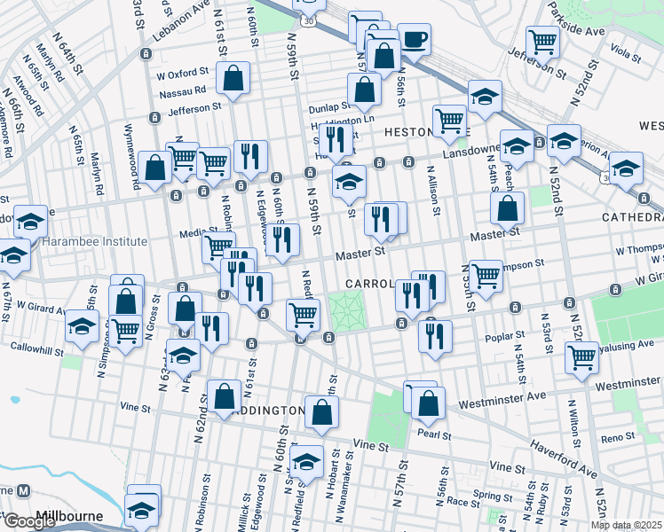 map of restaurants, bars, coffee shops, grocery stores, and more near 1342 North Hobart Street in Philadelphia