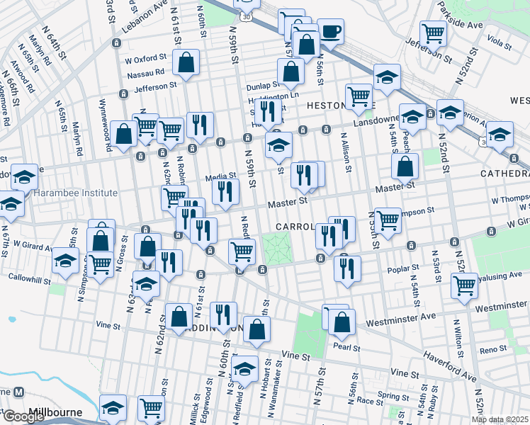map of restaurants, bars, coffee shops, grocery stores, and more near 1342 North Hobart Street in Philadelphia