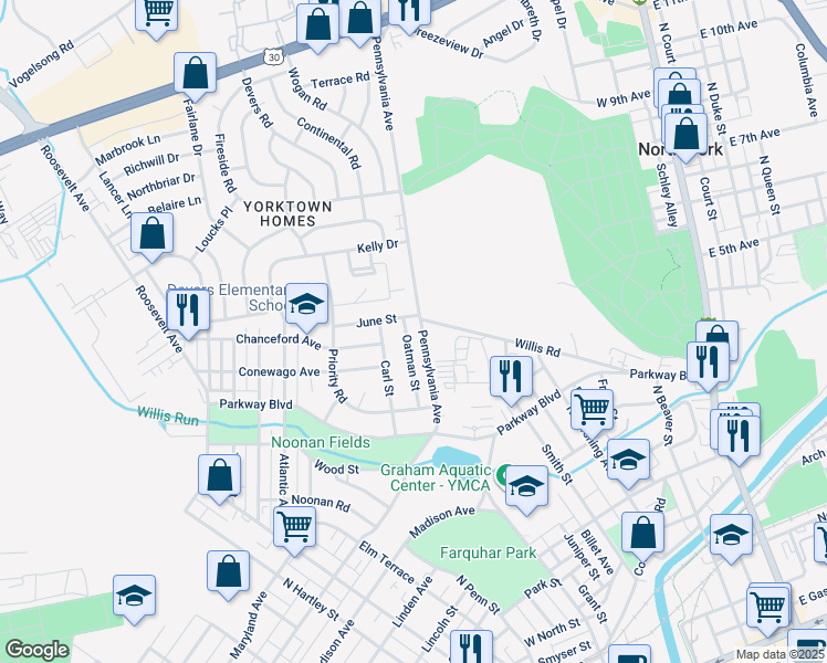 map of restaurants, bars, coffee shops, grocery stores, and more near 801 Oatman Street in York