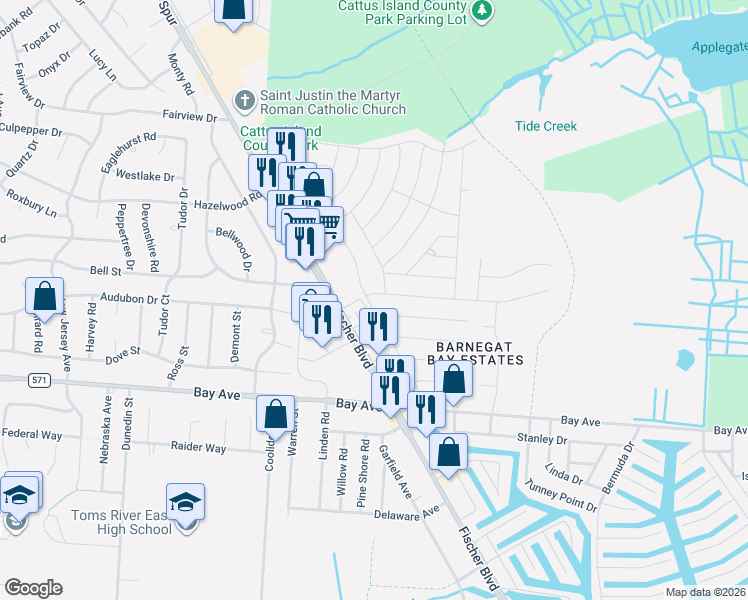 map of restaurants, bars, coffee shops, grocery stores, and more near 869 Fischer Boulevard in Toms River