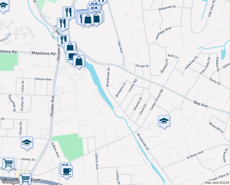 map of restaurants, bars, coffee shops, grocery stores, and more near 197 Barbara Lane in Toms River